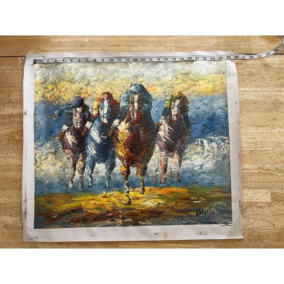 Horse Racing Painting Oil On Canvas Original Signed Davis Vintage Impressionist - Picture 7 of 11